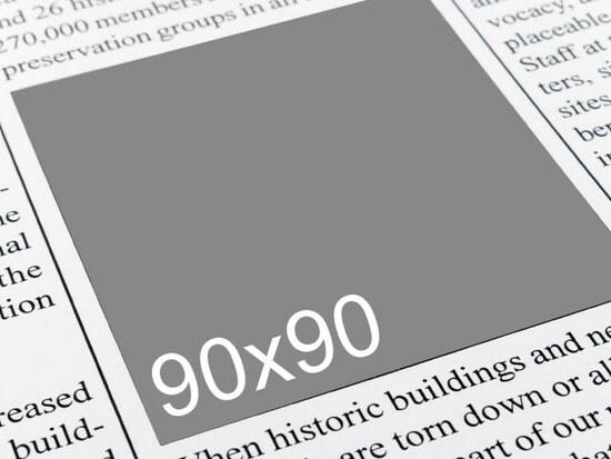 Grafik eines Zeitungsartikels mit grauem Platzhalter für ein Bild, beschriftet mit „90x90“.